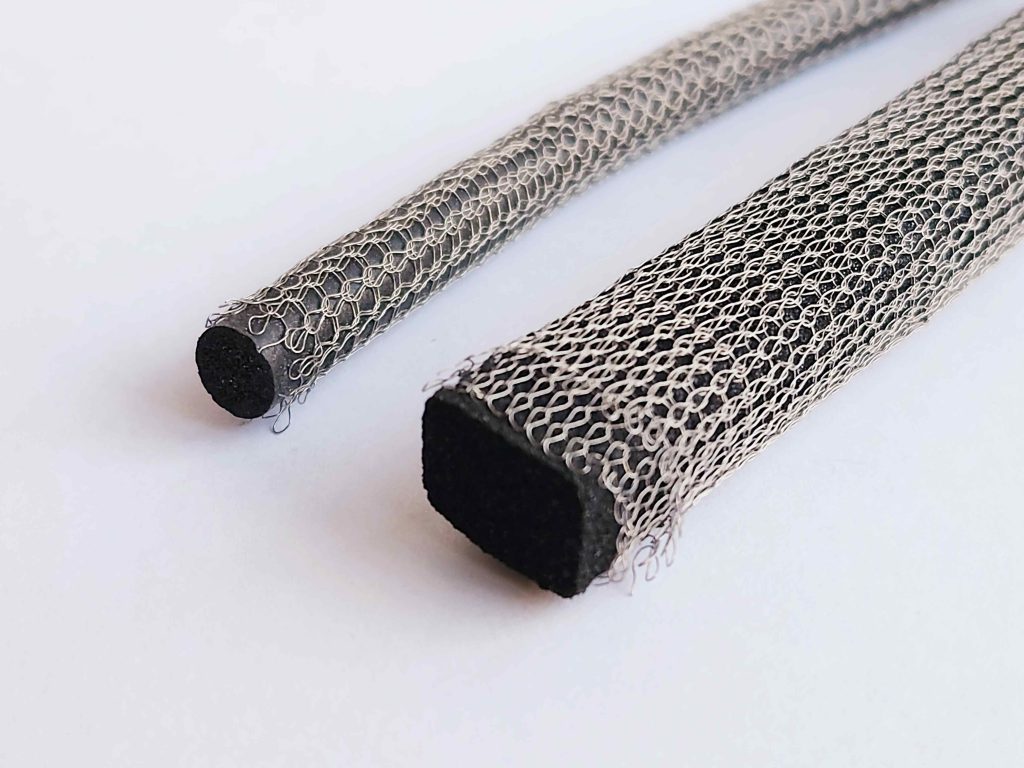 Elastomer core wire mesh gasket for EMI/RFI shielding, conductive, flexible, and durable.